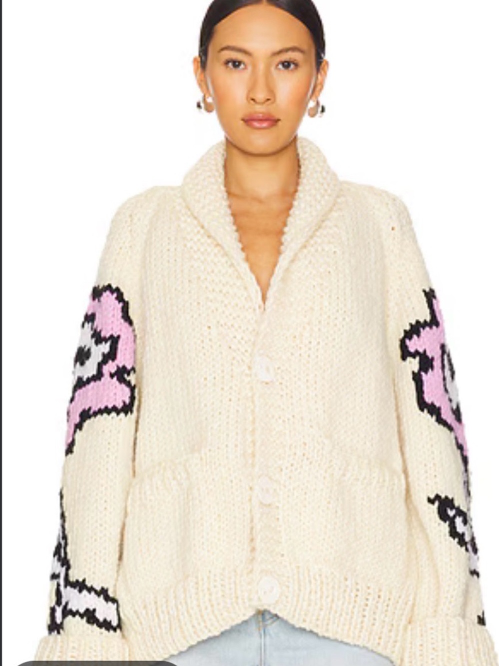 Anthropologie Cream Shawl-Collar Cardigan with Pink Sleeve Motif